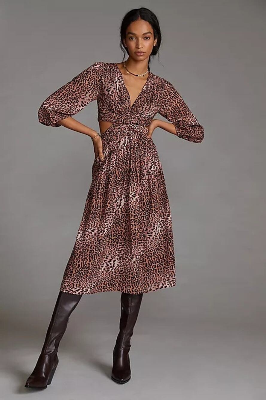Ranna Gill Anthropologie Floral Cut Out Midi Dress Brown Combo Size ? FLAW